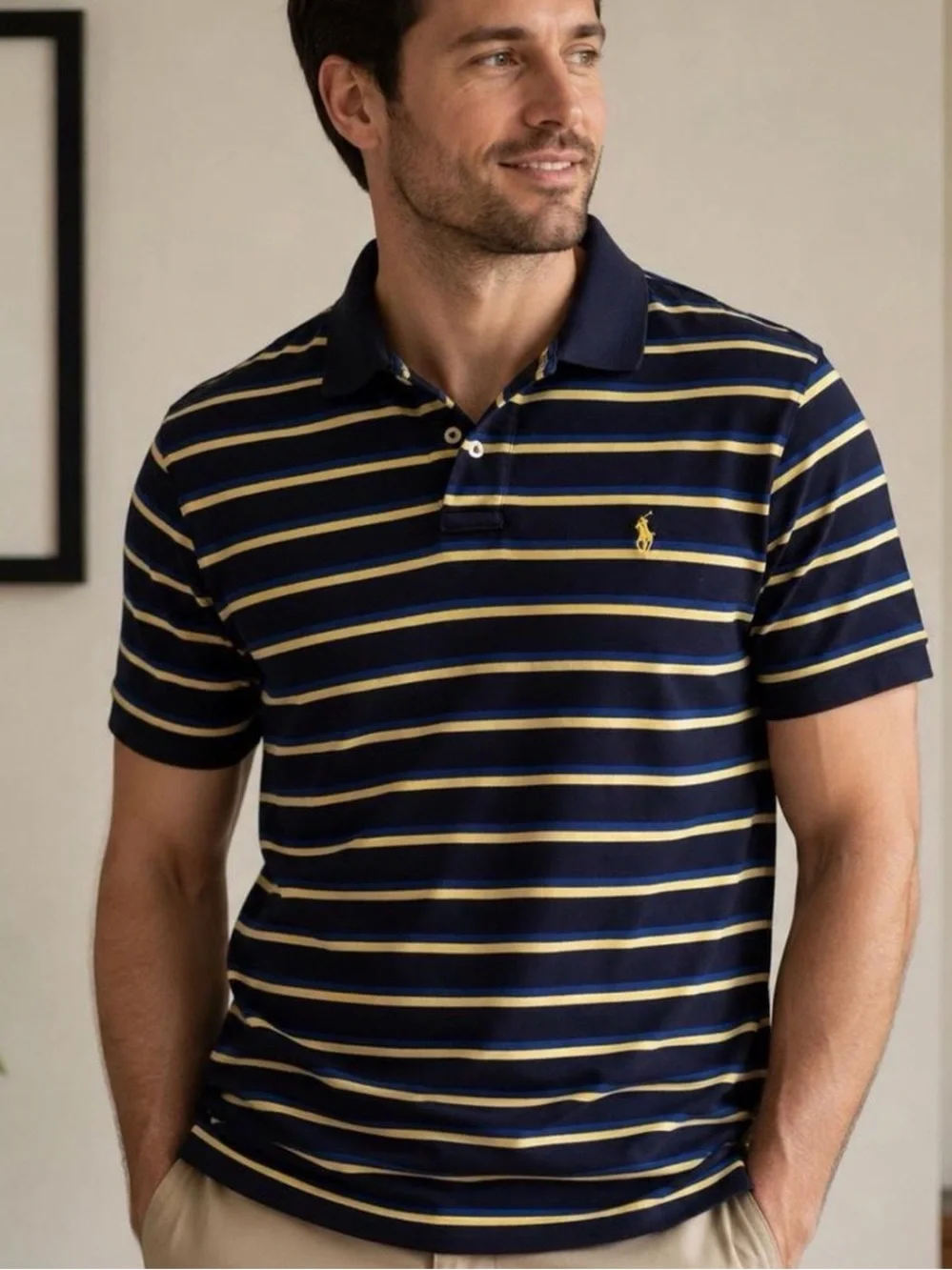 Vintage Ralph Lauren Polo Silver Label Navy and Yellow Striped Polo.  Sz L